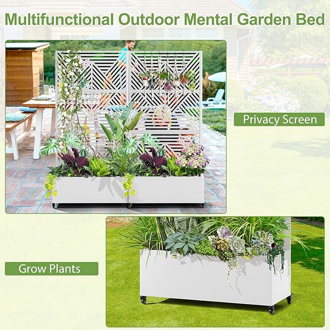 Raised Garden Bed with Trellis and Wheels,73"x35"x16" Metal Raised Garden Bed,White Diamond Metal Planter with Climbing Trellis for Vines & Vegetables