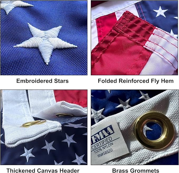 5x8 ft Heavy-Duty American Flag – 100% Made in USA, FMAA Certified – UV-Resistant 210D Outdoor Nylon with Embroidered Stars, Sewn Stripes, Brass Grommets, Reinforced Fly End for 30–40 ft Poles