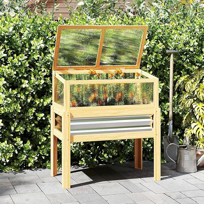 Outsunny Wooden Raised Garden Bed with Flip-Up Greenhouse Top, Raised Garden Bed with Legs and Bed Liner, Elevated Planter Box for Flowers, Vegetables, Herbs, Natural