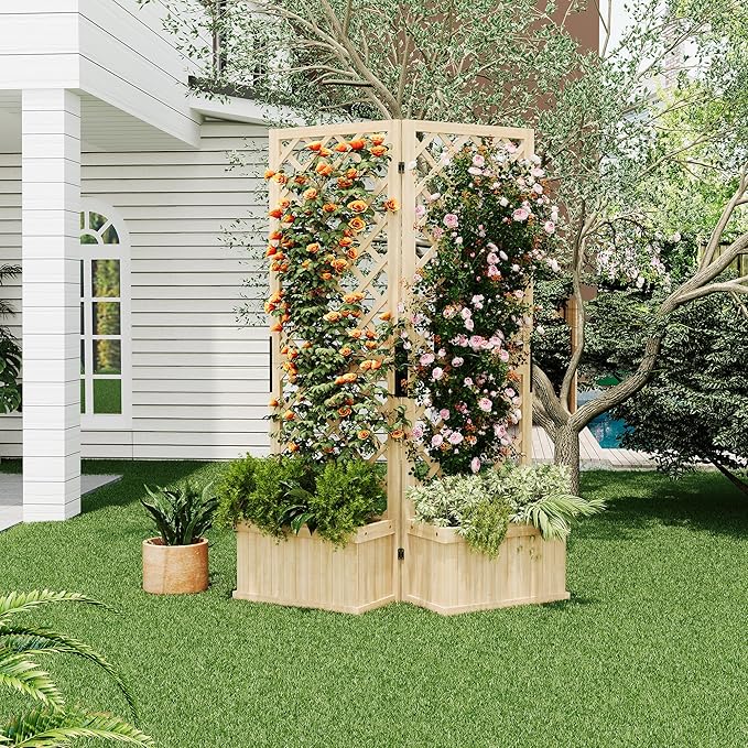 Cedar Privacy Screen w/Planter Box - 41"x10"x65", 2 Hinged Freestanding Garden Fence Panel, Drain Holes, Natural Wood Room Divider for Patio, Deck, Backyard, Balcony, Raised Bed