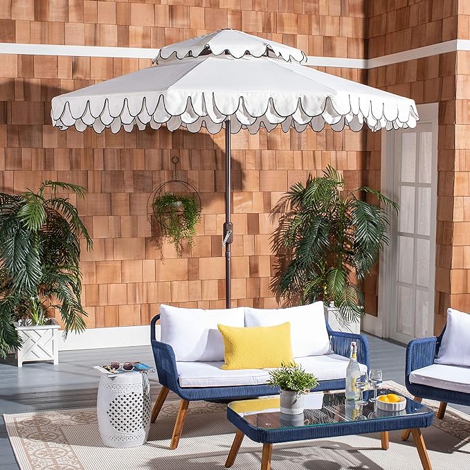 SAFAVIEH 9ft Outdoor Patio Umbrella, Double Top, Valance, Ivory & Black Trim, Double Top, Auto Crank Tilt, UV Resistant for Deck, Backyard, Poolside (PAT8206E)