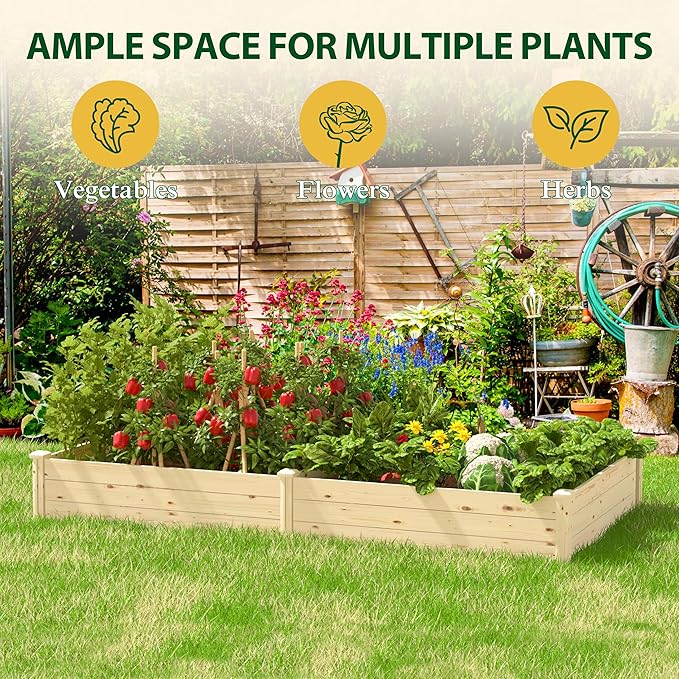 MUPATER 25.8 Cubic Feet Wooden Raised Garden Bed, Garden Bed Outdoor with Mortise & Tenon Design, 49” Wx95 ”Lx11” H Planters for Outdoor Plants, Herbs, Vegetables, and Flowers, Garden, Natural Wood