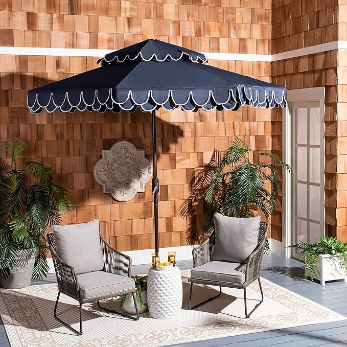 SAFAVIEH 9ft Outdoor Patio Umbrella, Double Top, Valance, Navy & White Trim, Double Top, Auto Crank Tilt, UV Resistant for Deck, Backyard, Poolside (PAT8206A)