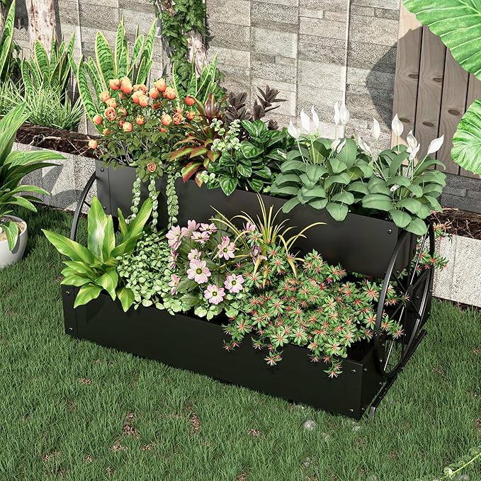 Metal Raised Garden Beds with Wagon Wheels, 3-Tier Outdoor Planter Boxes, Decorative Herb Garden Planter for Flowers Herbs Vegetables, Small Flower Cart for Patio, Balcony (Black)
