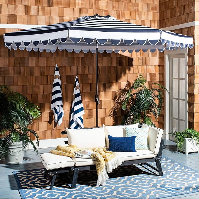 SAFAVIEH 11ft Outdoor Patio Umbrella, Round, Vienna Collection, Navy & White Stripe, Crank, Button Tilt, UV Resistant for Deck, Backyard, Poolside (PAT8111C)