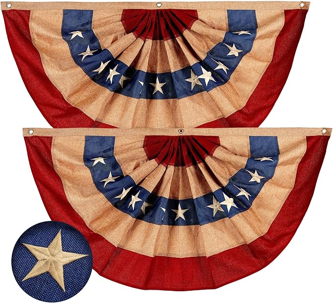 G128-2 Pack: USA Tea Stained Pleated Fan Flag 1.5x3FT Burlap Embroidered Polyester Stars and Stripes