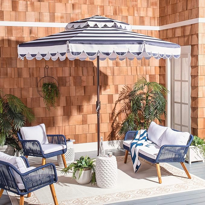 SAFAVIEH 9ft Outdoor Patio Umbrella, Double Top, Vienna Collection, Navy & White Stripe, Scallop edge, Crank, Button Tilt, UV Resistant for Deck, Backyard, Poolside (PAT8211C)